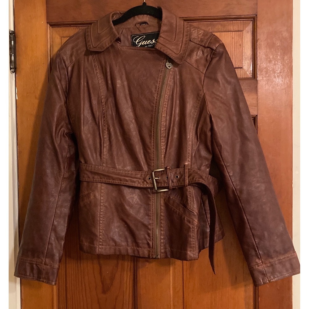 Guess Womens XL Brown Faux Leather Belted Moto Biker Jacket Biker Edgy Chic